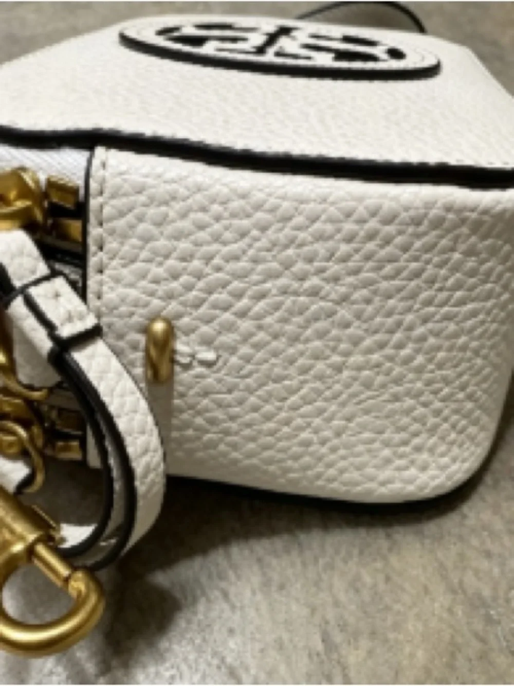 Tory Burch White Pebbled Leather Camera Bag with Logo Strap